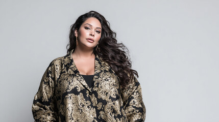 Plus size woman with elegant black and golden underwear. Por fashion campaigns, wellness concepts, diversity projects, inclusive advertising, beauty editorials, and lifestyle. 