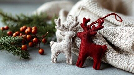 Handmade felt reindeer ornaments with Nordic patterns on wooden table surface. Felt Christmas Ornaments DIY, holiday decor concept. Christmas, New Year, festive holiday celebration.