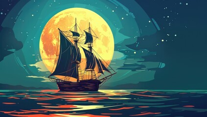A dark-hulled sailing ship glides serenely across a calm sea under a large, luminous, orange moon and a starlit night sky