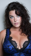 Plus size woman with elegant blue underwear. Por fashion campaigns, wellness concepts, diversity projects, inclusive advertising, beauty editorials, and lifestyle. 
