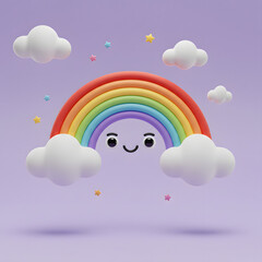 Cute 3D Cartoon Rainbow Character Smiling Floating with Clouds and Stars