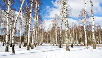 Snowy birch forest in springtime