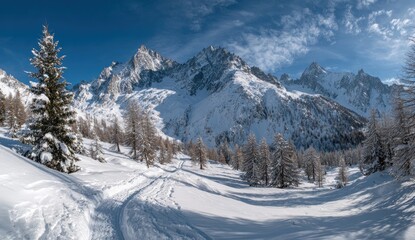 Fototapeta premium Panoramic view of snow-covered mountain range, sunlit peaks, and a winding trail through a snowy forest of pines and larches