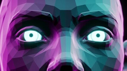 Futuristic low-poly face with glowing eyes in vibrant neon lights, a modern abstract character creation for games and virtual worlds concept - Powered by Adobe