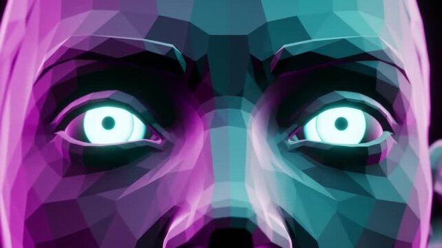 Futuristic low-poly face with glowing eyes in vibrant neon lights, a modern abstract character creation for games and virtual worlds concept