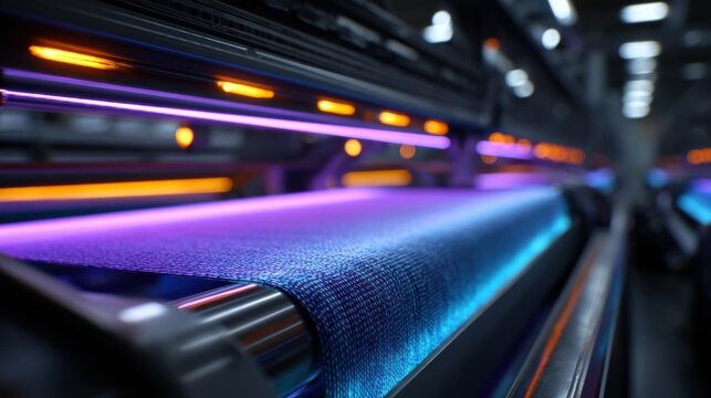 Modern Fabric Production: Automated knitting machines creating gradient textiles on assembly line with LED illumination  
