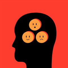 Human Head Silhouette with Mixed Emotions Emojis — Inner Thoughts and Psychology Vector Illustration, Editable Minimalist Design.