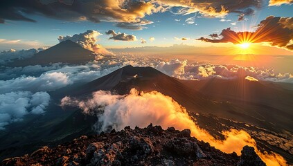 A breathtaking sunset over a majestic volcanic landscape, with vibrant colors illuminating the clouds and mountains.  The sun's rays radiate outwards, casting a warm glow