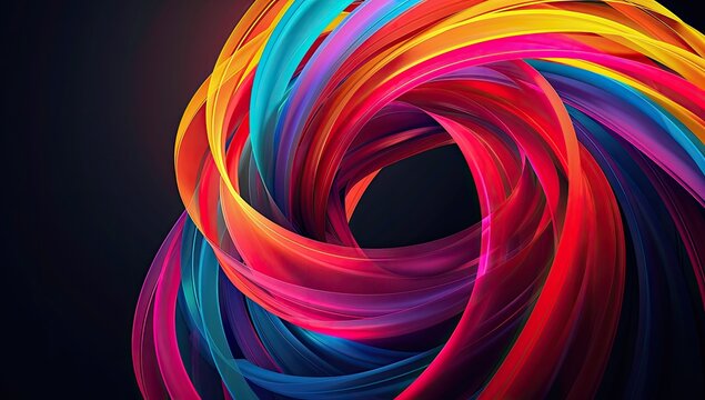 Vibrant, swirling ribbons of color create a hypnotic, circular vortex against a dark background.  The ribbons are smooth and glossy, with a sense of depth and movement
