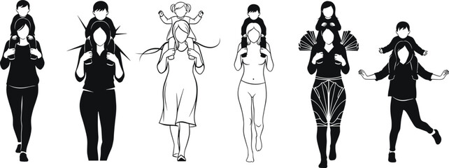 Mother silhouettes carrying children on shoulders, family bonding, parent love, childhood happiness, mother daughter, mother son, parenting together, family illustration
