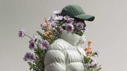 Conceptual person with puffer jacket and cap with flowers and leaves blending. For eco-fashion, sustainability campaigns, modern art, creative advertising, and environmental awareness visuals.