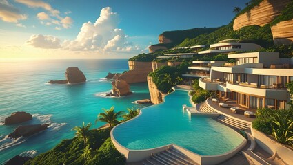 360° panorama of luxury cliffside resort overlooking turquoise ocean, infinity pool merging with horizon