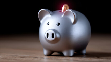 Silver pig bank on wooden table represents wise elder care retirement plan and pension policy for secure future savings and financial investment