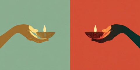 Minimal illustration of two hands lighting a diya, flat warm colors (gold, red, teal), smooth gradients, clean composition. Diwali night celebration. Deepavali Hindu festival of lights. Diya lamp