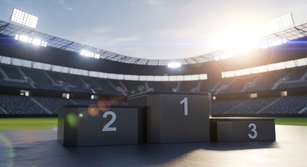 A sports stadium podium with numbered places for first, second, and third place winners, illuminated by stadium lights