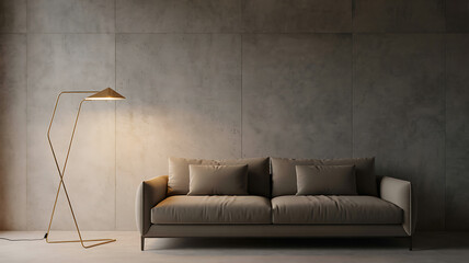 Modern living room with minimalist sofa and elegant floor lamp casting warm light