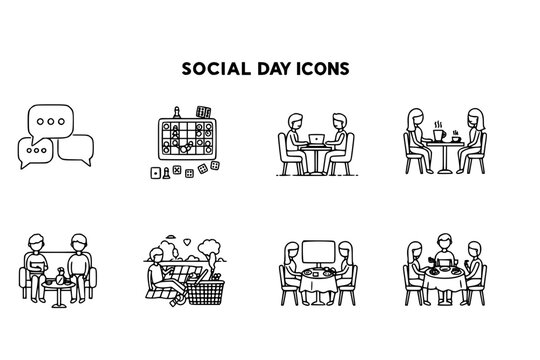 Social Day Outline Icon Set – Chatting, Board Games, Coffee Meetup, Movie Watching, Picnic, Family Time – Vector Line Icons for Leisure, Relaxation, and Social Activities