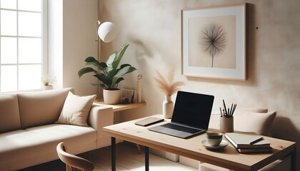 Fototapeta premium Minimalist home office interior with laptop and coffee — cozy workspace with natural light