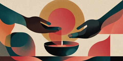 Minimal illustration of two hands lighting a diya, flat warm colors (gold, red, teal), smooth gradients, clean composition. Diwali night celebration. Deepavali Hindu festival of lights. Diya lamp