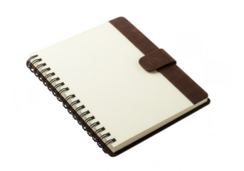 A classic spiral bound notebook with a dark brown leather cover strap isolated on transparent background