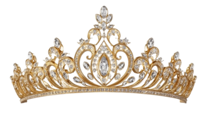 a realistic illustration of an elegant gold tiara with intricate designs and diamonds, set against a white background