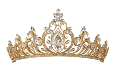 a realistic illustration of an elegant gold tiara with intricate designs and diamonds, set against a white background