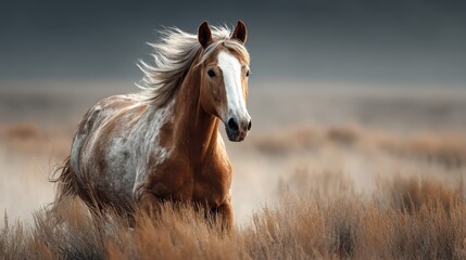 Obraz premium Majestic horse galloping through golden grasses in a serene landscape at dusk