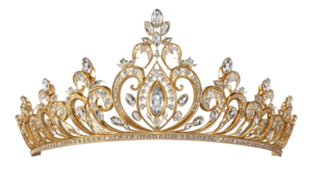 a realistic illustration of an elegant gold tiara with intricate designs and diamonds, set against a white background