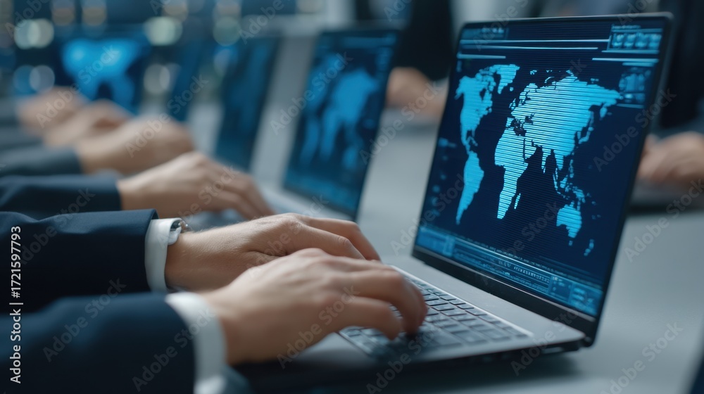 Wall mural business professionals using laptops in a modern conference room for data analysis and collaboration