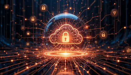 Secure Cyber Cloud Data Flow Architecture Depicting Encrypted Information Transmission, Cloud Security Protocols, Data Protection Mechanisms, Threat Prevention, and Scalable Infrastructure