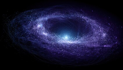 A mesmerizing representation of a celestial body, featuring intricate lines and vibrant hues of purple and blue, set against a deep black background.