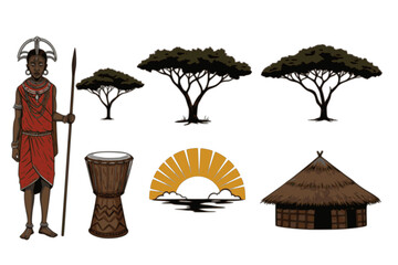 Obraz premium Kenyan Culture and Nature Outline Icon Set – Maasai Warrior, Acacia Tree, Safari Hat, African Drum – Vector Line Icons Representing Kenya’s Heritage, Wildlife, and Traditions