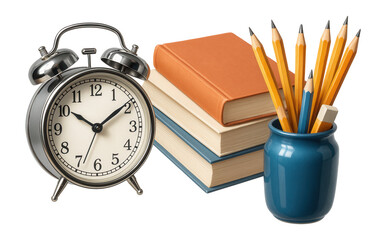 Alarm clock, books, and pencil pot with school accessories on table against blackboard.