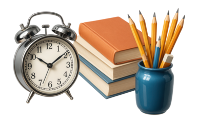 Alarm clock, books, and pencil pot with school accessories on table against blackboard.