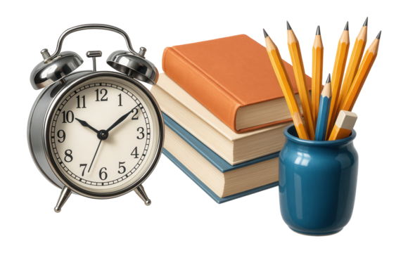 Alarm clock, books, and pencil pot with school accessories on table against blackboard. - Powered by Adobe
