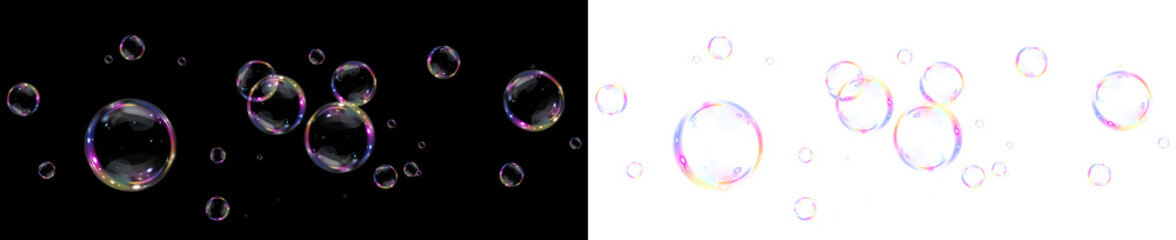 Colorful soap bubbles floating against contrasting backgrounds, showcasing reflections and light refractions, creating a whimsical and playful atmosphere for design projects