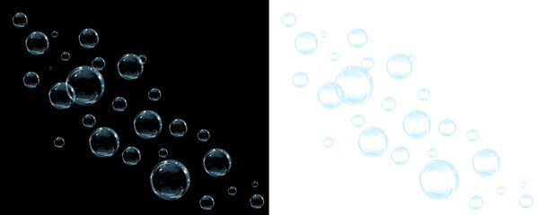Transparent water bubbles overlay on contrasting backgrounds, creating a visually striking effect for design projects, enhancing creativity and visual storytelling with copy space