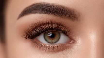 Close-Up of Beautiful Eye with Long Lashes, Defined Eyebrow, and Subtle Makeup Enhancing Natural Features and Beauty in an Artistic Presentation