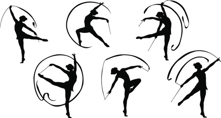Rhythmic gymnastics dancer silhouette with ribbon, artistic gymnast performance, sport competition, graceful female athlete, acrobatics, dance movement, fitness illustration