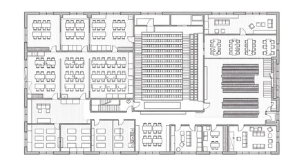 Architectural floor plan of a commercial building with offices and retail spaces isolated on white background