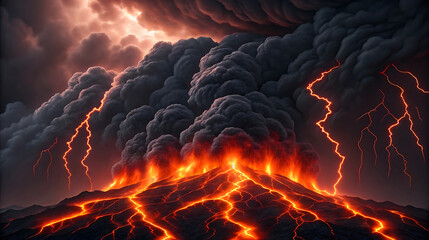 Glowing lava rivers erupting from volcano under dark ash clouds and lightning
