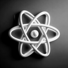 Modern design of a white atom symbol on a dark background