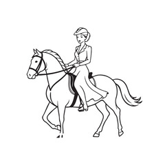 Black and white line art of a beautiful woman with perfect body riding horse elegant minimalist illustration