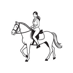 Black and white line art of a beautiful woman with perfect body riding horse elegant minimalist illustration