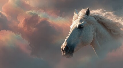 Majestic white horse emerging from soft clouds at dusk, showcasing beauty and grace in a serene atmosphere
