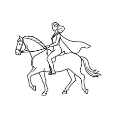 Black and white line art of a beautiful woman with perfect body riding horse elegant minimalist illustration
