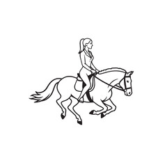 Black and white line art of a beautiful woman with perfect body riding horse elegant minimalist illustration