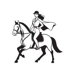 Black and white line art of a beautiful woman with perfect body riding horse elegant minimalist illustration