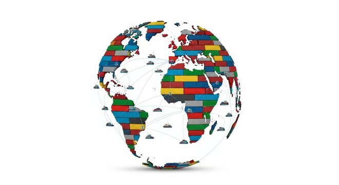 Colorful World Map Globe with Flags and Airplane Icons on White Background.