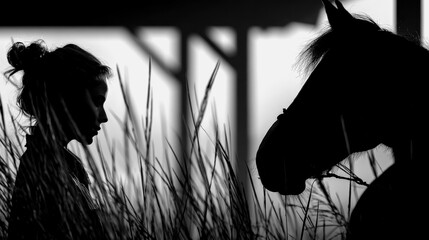 Silhouette of a girl and horse in a serene setting